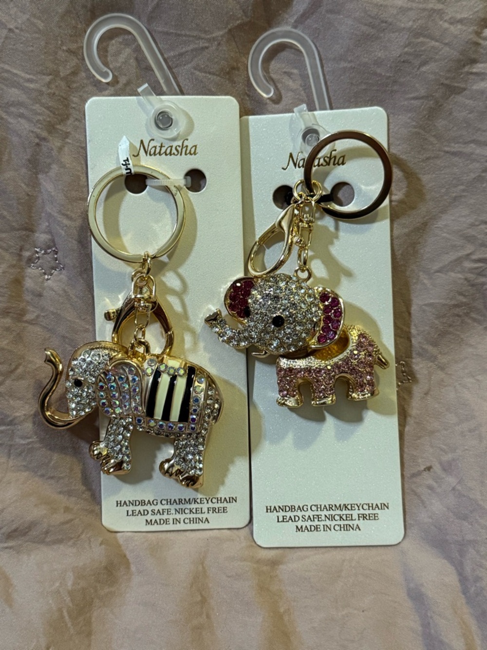 NWT- 2x Natasha Gold Elephant Keychain- bag clip- mama and the baby.